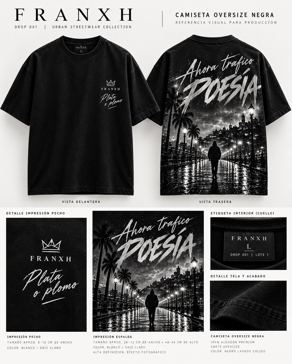 Propuesta de camiseta negra FRANXH vista por detrás, con el estampado Ahora trafico poesía.